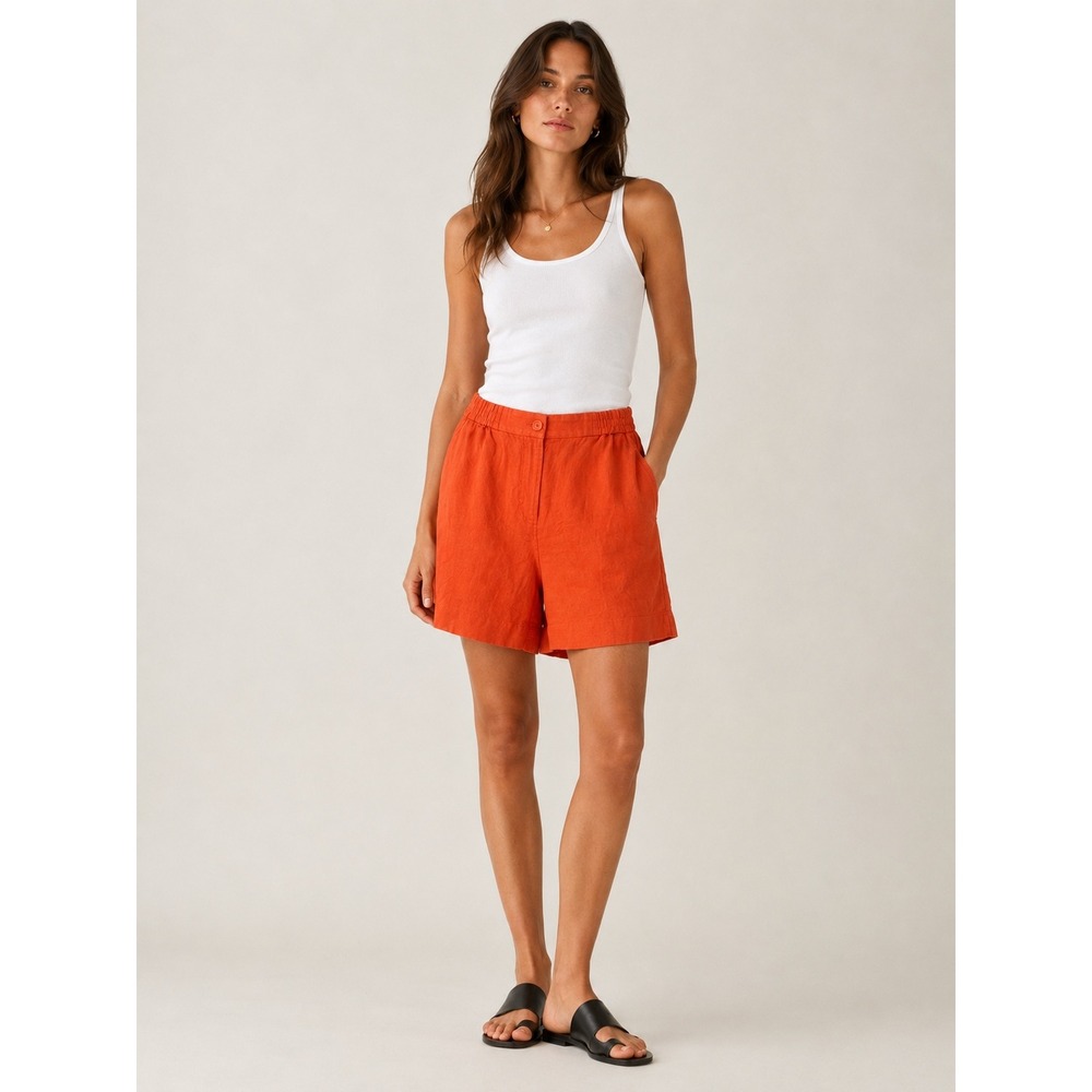 COS Womens Orange 100% Linen High Waisted Shorts Size XS Elastic Waist Pockets